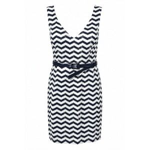 White House Black Market Dress 6 Black White Chevron Belted Preppy Sleeveless